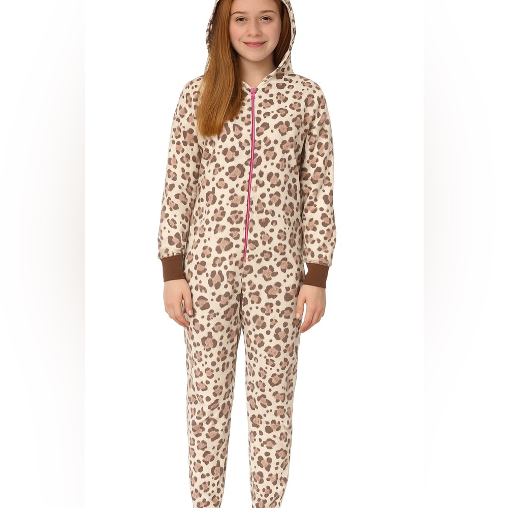 Cheetah Print Juniors Onesie Pajamas With A Hood